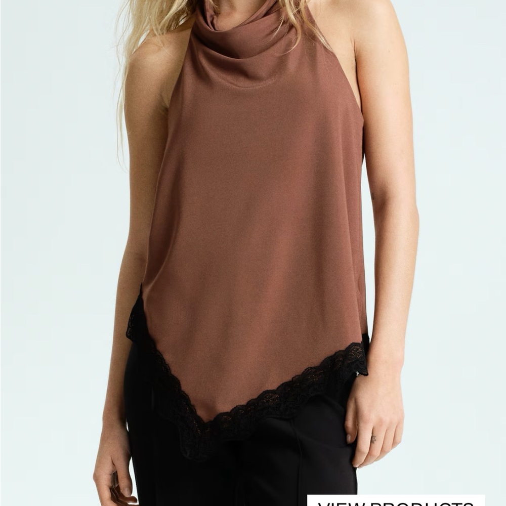 H&M Brown Halter Top with Black Lace Trim
